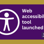 Accessibility symbol (a person in a circle) in white on a purple background with a gold border. White text reads 'Web accessibility tool launched'