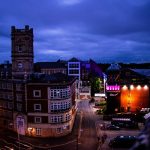 An aerial picture of back streets of Nottingham at night time