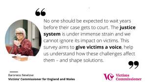 court-victim-survey-vc-quote-1 Photo of the Victim's Commissioner in an oval, moving her hand as though she is speaking. Next to this is a quote that says 'No one should be expected to wait years before their case gets to court. The Justice System is under immense strain and we cannot ignore its impact on victims. This survey aims to give victims a voice, help us understand how these challenges affect them - and shape solutions. The Victims' Commissioner logo (in pink) is in the bottom right hand corner.